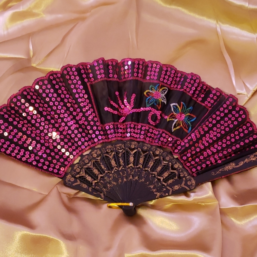Black & Pink Sequin Embroidered Fan